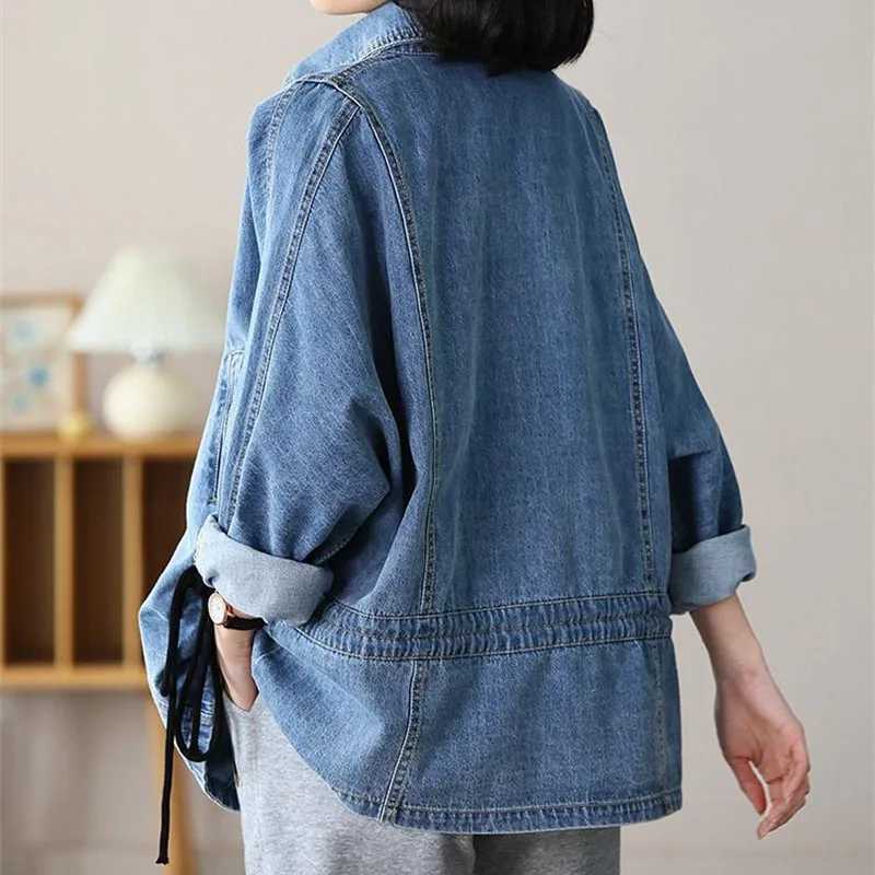 2022 Loose Double-breasted Denim Jacket Women Spring Autumn Drawstring Coat Lady Casual Tops Fashion Jean Outerwear WindbreakerX240920