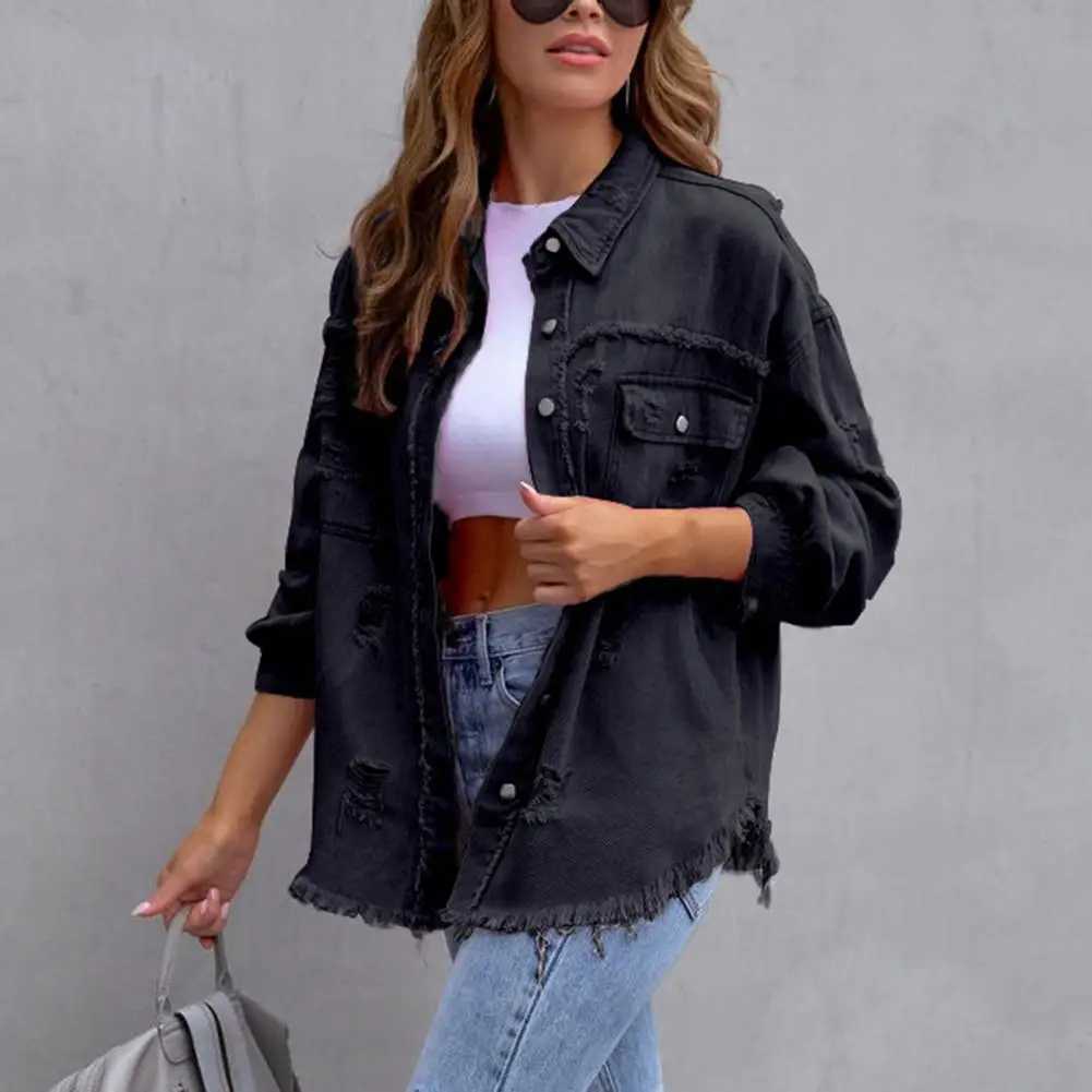 Hip Hop Rough Edges Denim Jacket Ripped Pocket Lapel Long Sleeve Single-breasted Vintage Jeans Jacket Coat Women Spring CoatX240920