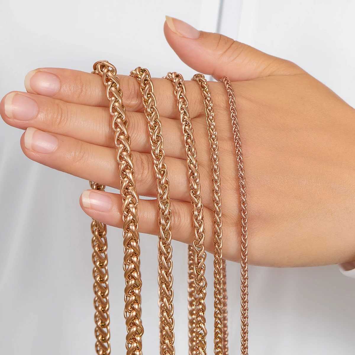 3mm/4mm/5mm/6mm/7mm Rose Gold Color Stainless Steel Wheat Braided Necklace Link Classic Curb Chain for Men Women JewelryX240919