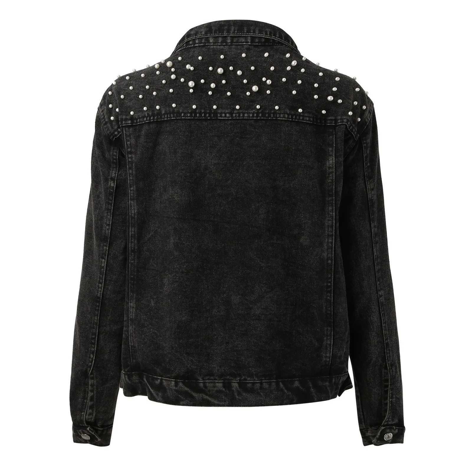 Casual Single-breasted Solid Cardigan Autumn Fashion Womens Denim Jacket Full Sleeve Loose Button Pearls Short Lapel WildX240920