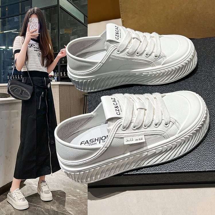 White for women 2024 new style big head thick soft sole casual one foot kick lazy two on board shoes
