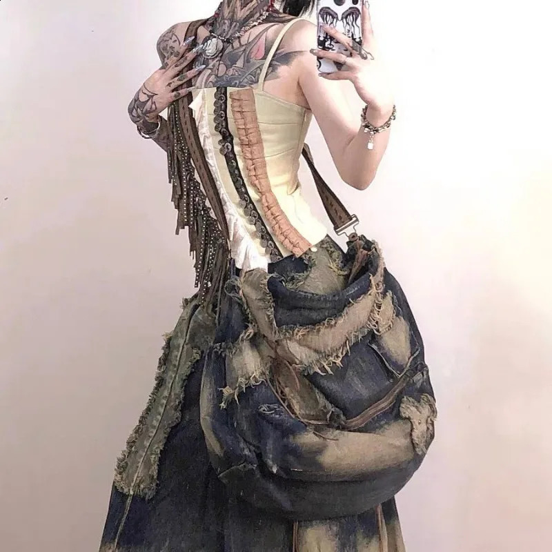 MBTI denim Y2k womens shoulder bag retro washed Distressed Fashion Messenger mens large capacity American handbag Sac 240919