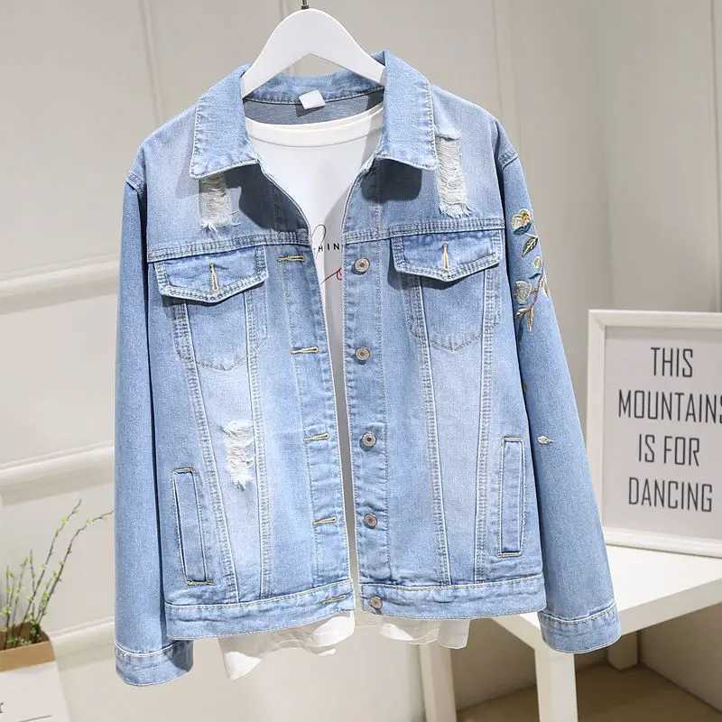 Embroidered Long-sleeved Retro Jean Jacket Womens 2022 Autumn New Lapel Loose Korean Large Size Womens Denim jackets TrendX240920