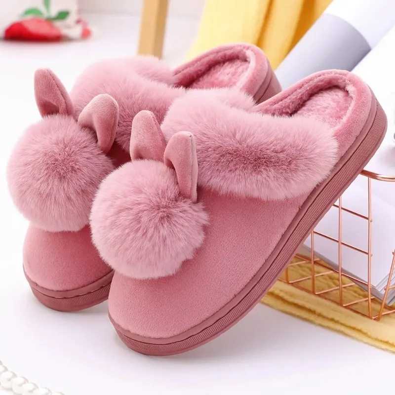 Winter Warm Home Fur Slippers Womens Indoor Home Rabbit Shoe Furry Ears Footwear Indoor Bedroom Flat Heels Fluffy Slippers Shoes M240919