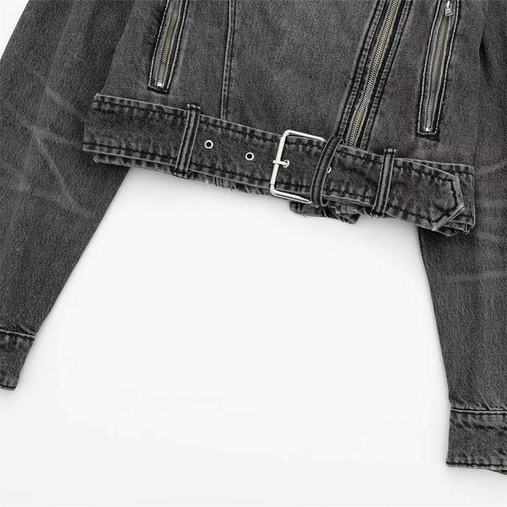 UNIZERA2023 Autumn and Winter New Womens Casual Versatile Polo Neck Motorcycle Loose Belt Denim Jacket CoatX240920