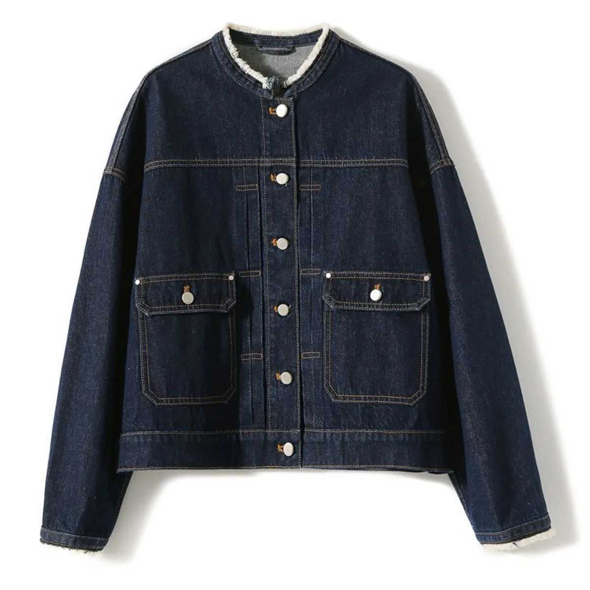 Women Retro Short Denim Jacket 2024 Deep Blue Spring Autumn Rough Edge Casual Long Sleeved Single Breasted Streetwear TopX240920