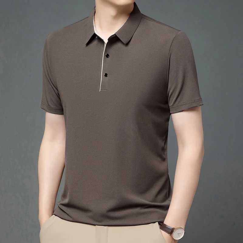 Solid Color POLO Shirt for Mens Summer Thin Business Casual Ironless Loose Short Sleeved POLO Shirt Flip Over Tie Button T-shirX240920