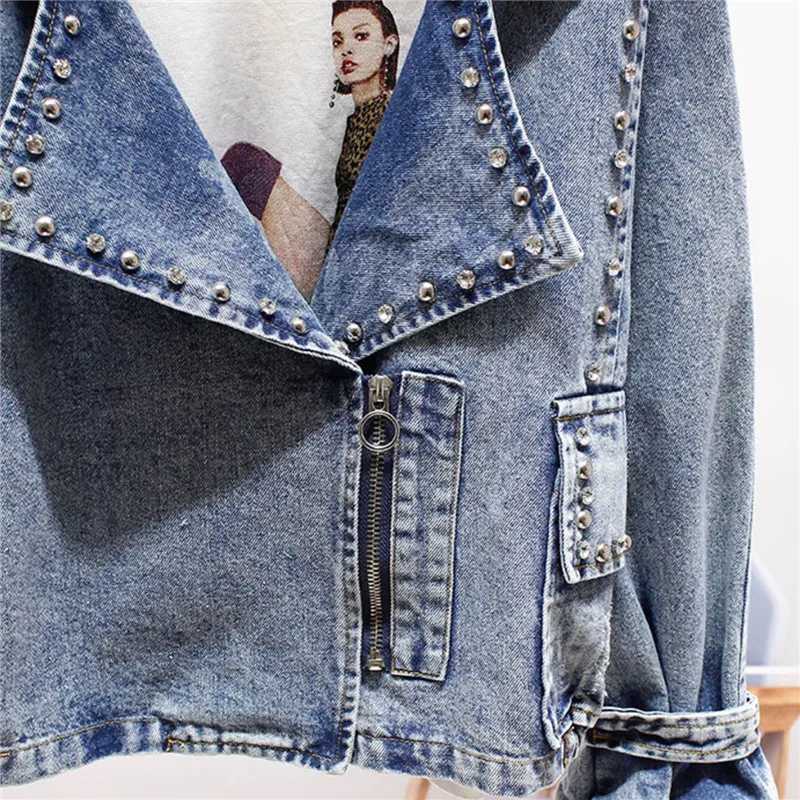 Vintage Black Denim Jacket Rivets Boyfriend Casual Jeans Outerwear Denim Coat Ladies Beads Loose Short High Street Jeans JacketsX240920