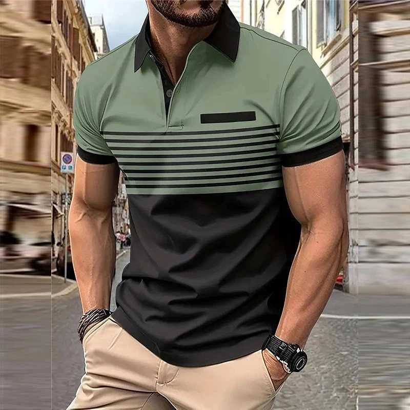 Business Mens Polo T Shirt Summer Short Sleeve Clothing Fashion Stripe Print Street Casual Buttons Tops Oversized PulloverX240920