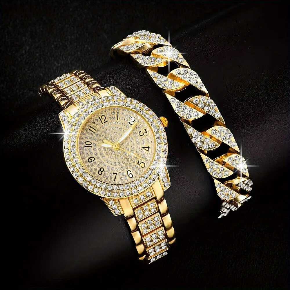2pcs/set Womens Watch Luxury Golden Rhinestone Quartz Watch Hiphop Fashion Analog Wrist Watch Bracelet Gift For Mom HerX240920