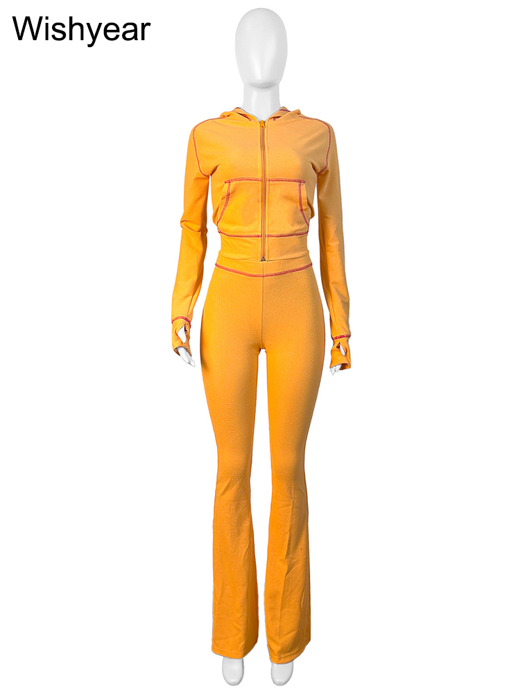 Fashion Yellow Long Sleeve Hooded Crop Jacket Top And Jogger Flare Pants Two 2 Piece Set Women Sweatsuit Tracuit Matching Suit