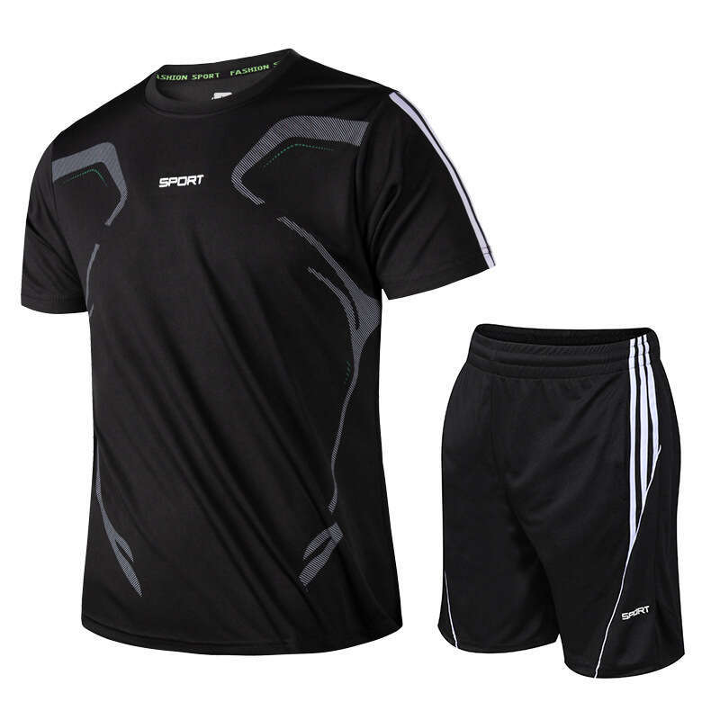 Sports Suit Men's Summer Fitness Short Sleeved Two-Piece T-Shirt Quick Drying Clothes Running Loose Casual Sports Round Neck