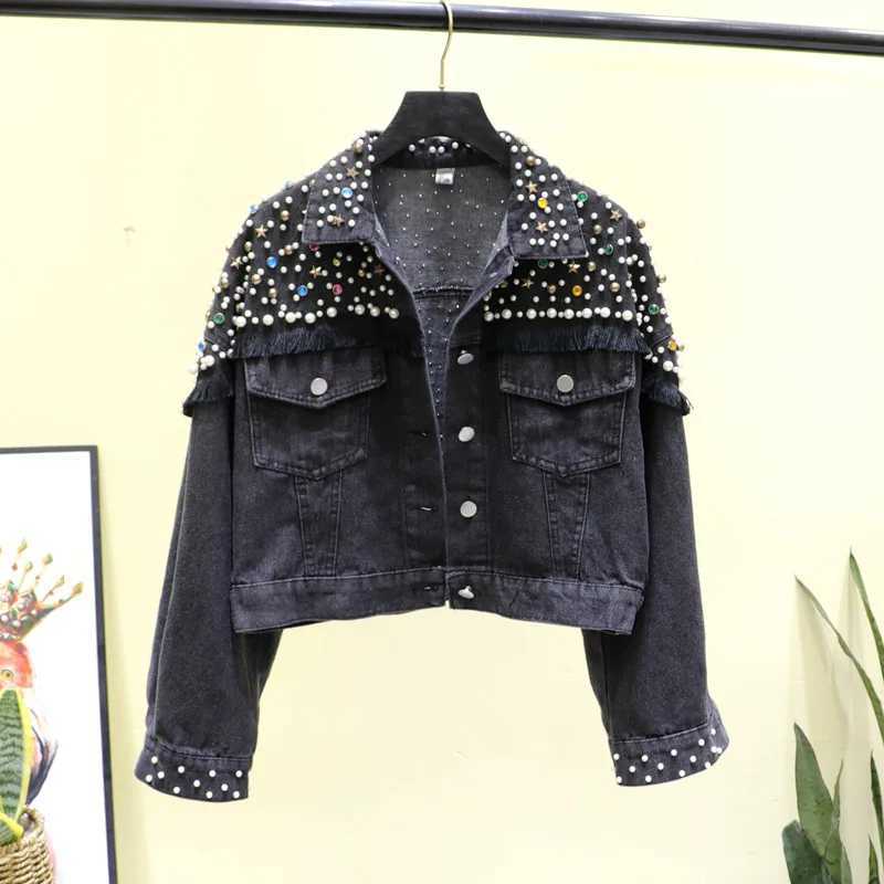Fashion Multicolor Diamonds Beading Denim Jacket Women Spring Loose Short Black Blue Outerwear Big Pocket Jeans Jackets FemaleX240920