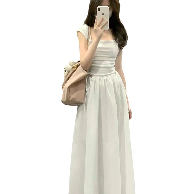 French square necke pure desire spicy girl white dress for women's summer new waist style slim fit tie high waisted long skirt