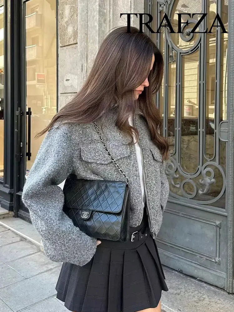 TRAFZA Autumn Grey Womens Short Coat Long Sleeve Pocket Zipper Polo Neck Jacket Womens Short Coat Y2k 240919