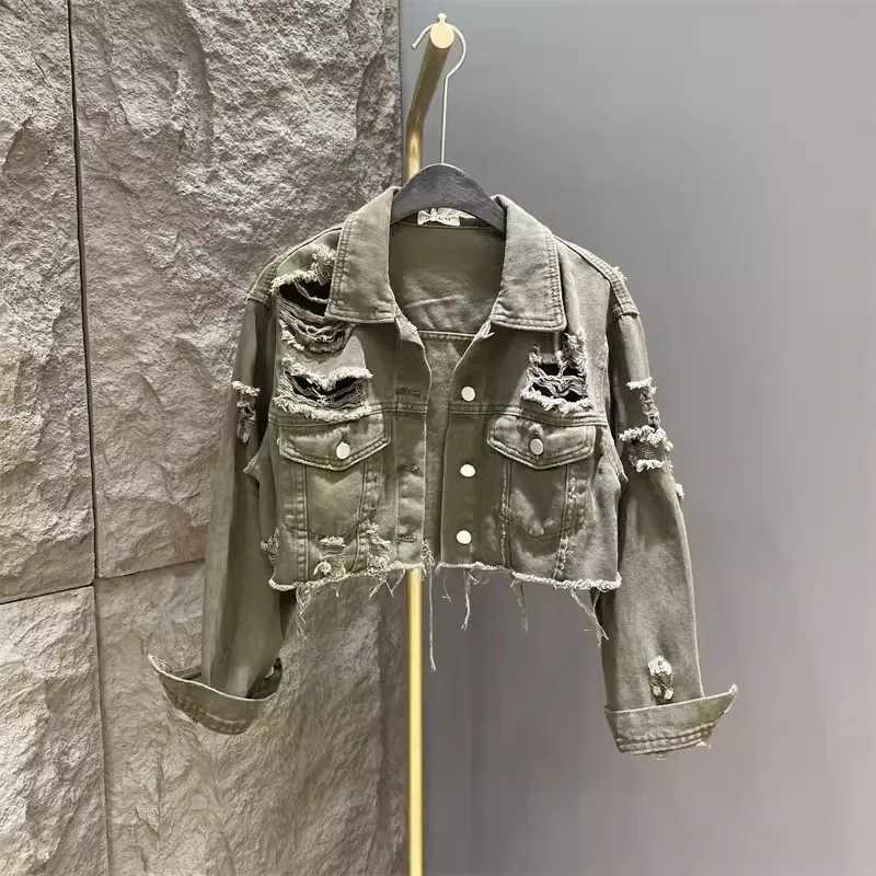 Autumn Pink Short Denim Jacket Women Spring New Slim Holes Single-Breasted Jean Coats Long Sleeve Frayed Outwear Femme DenimwearX240920