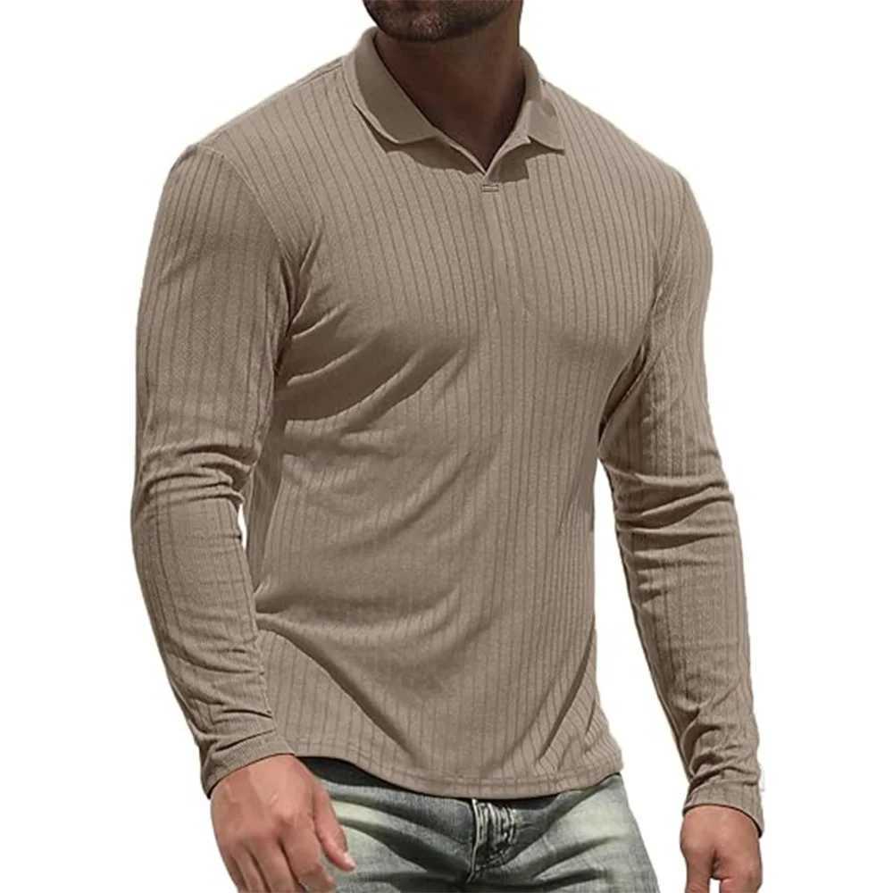 Cotton Mens Long Sleeve T-Shirts Men Polo Shirts High Quality Slim V-neck Striped Shirt Male Top Tees MaleX240920