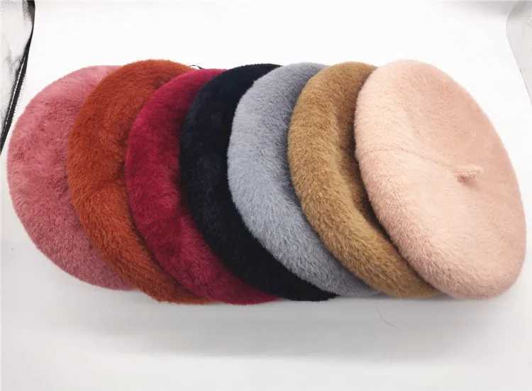 New Fashion Cheap Rabbit Fur Winter Beret Hat for Women Knitted Hat fashion Beret for Adult Girl Solid Colors Fashion Lady CapX240919