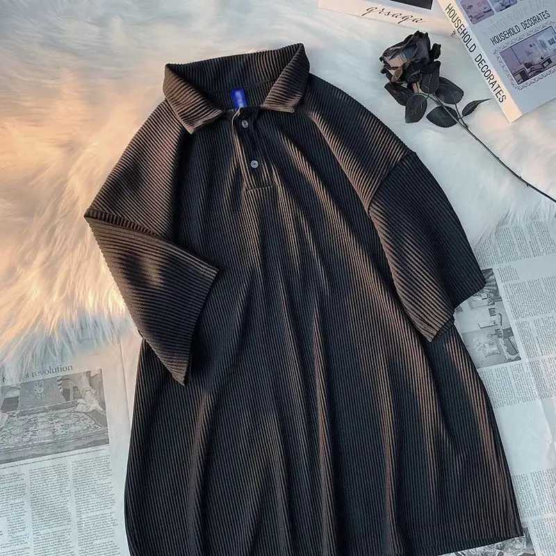 Mens and Womens Ice Silk Loose Polo Neck Summer New Short Sleeve Solid Color Striped T Shirt Tops Casual Trend Men ClothingX240920