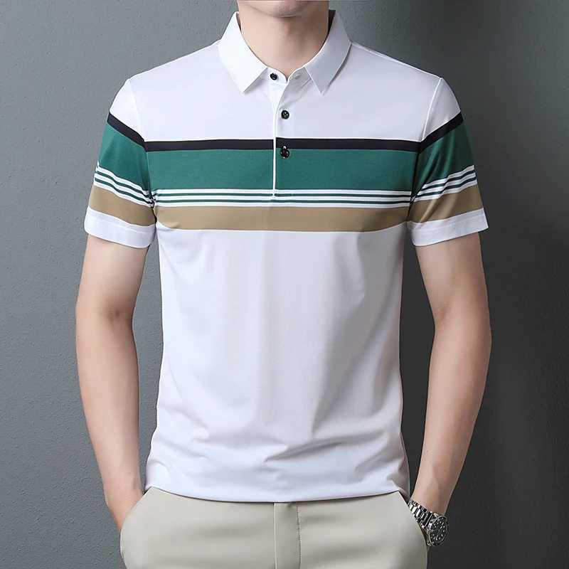 Luxury high-end ice silk breathable short-sleeved POLO shirt Mens 2023 summer fashion contrast stripe lapel T-shirt casual menX240920