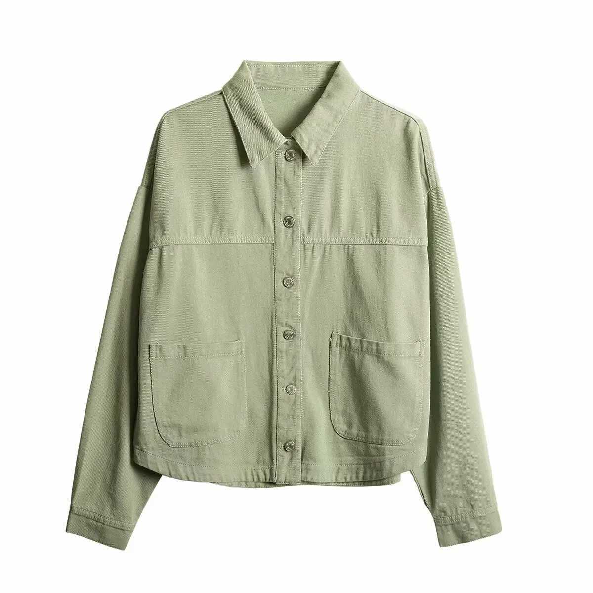2024 ZAR4 Summer New Womens Loose Casual Lapel Long sleeved Patch Bag Decoration denim jacketX240920