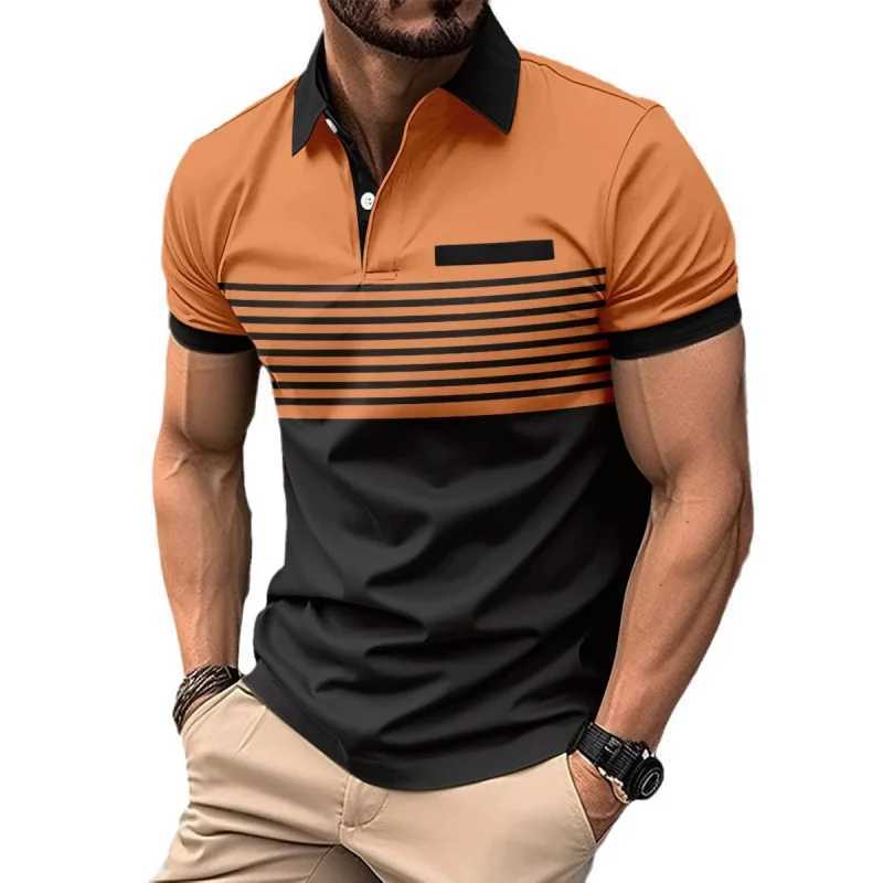 2024 Summer New Mens Casual POLO Shirt Chest Pocket V-Collar Button Stripes Colorblock All-Matching T-shirt Free ShippingX240920