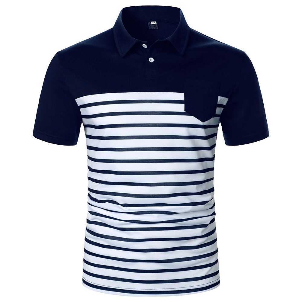 Men Short Sleeve Polo Shirt Two-Color Splicing Stripe Pocket Design Tops Streetwear Casual Fashion Contrast Color Men Polo ShirtX240920