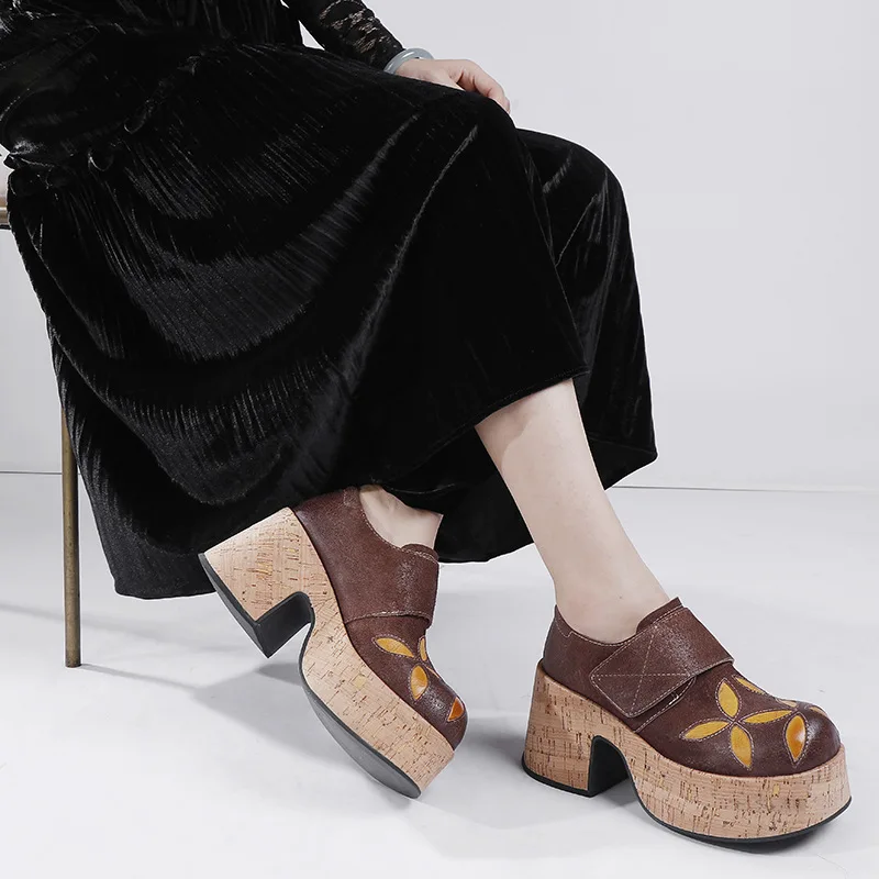 Koznoy 7.5cm Cow Suede Genuine Leather Ethnic Spring Round Toe Hook Shallow Mary Jane Platform Wedge Ladies Luxury Shoes Women