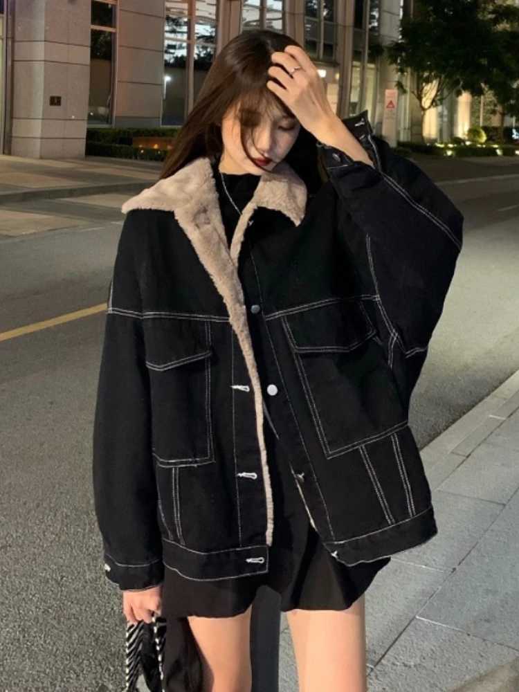 New Korean Fashion Winter Women Coat Warm 2023 Lapel Denim Thick Jacket Casual Work Clothes Cotton Padded Jackets for Women TopsX240920