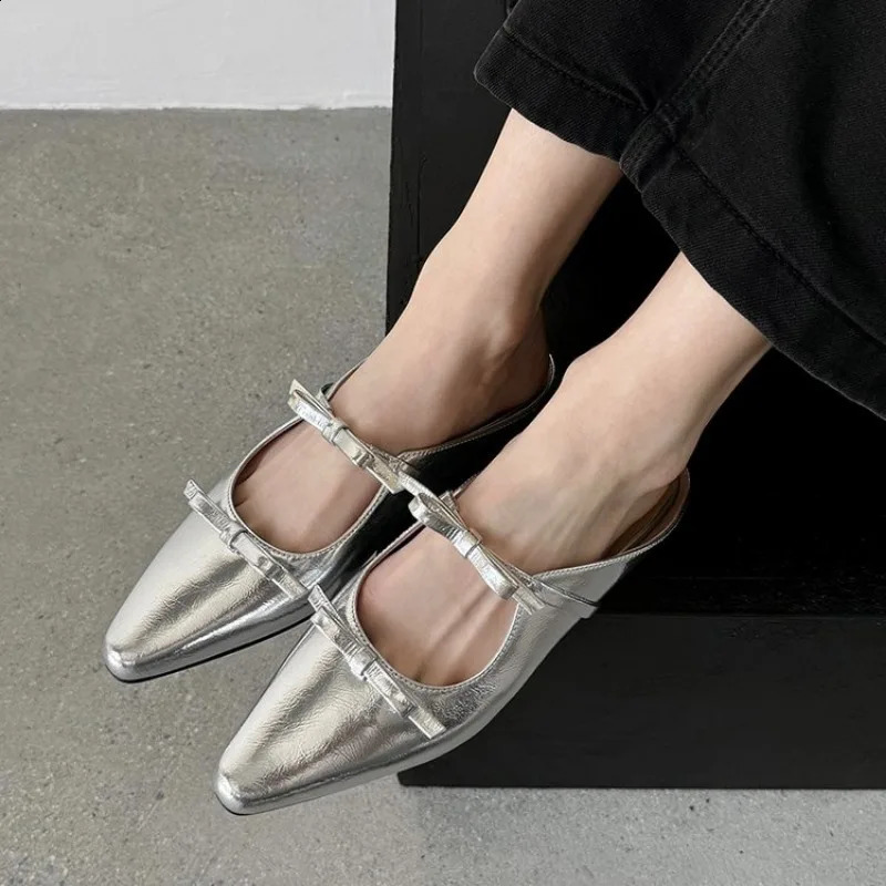 2024 Bow Mary Jane Womens Pointed Shiny PU Leather Flat Ballet Shoes Party Dress Womens Slippers Zapatillas Mujer 240919