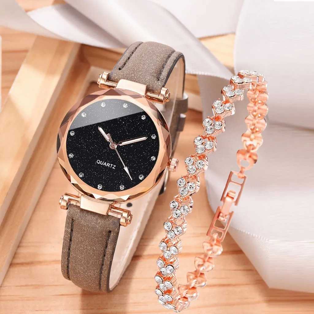 2pcs Luxury Fashion Women Watch Set PU Leather Strap Ladies Quartz Wristwatch Rhinestone RoseGold Alloy Bracelet For Ladies GiftX240920
