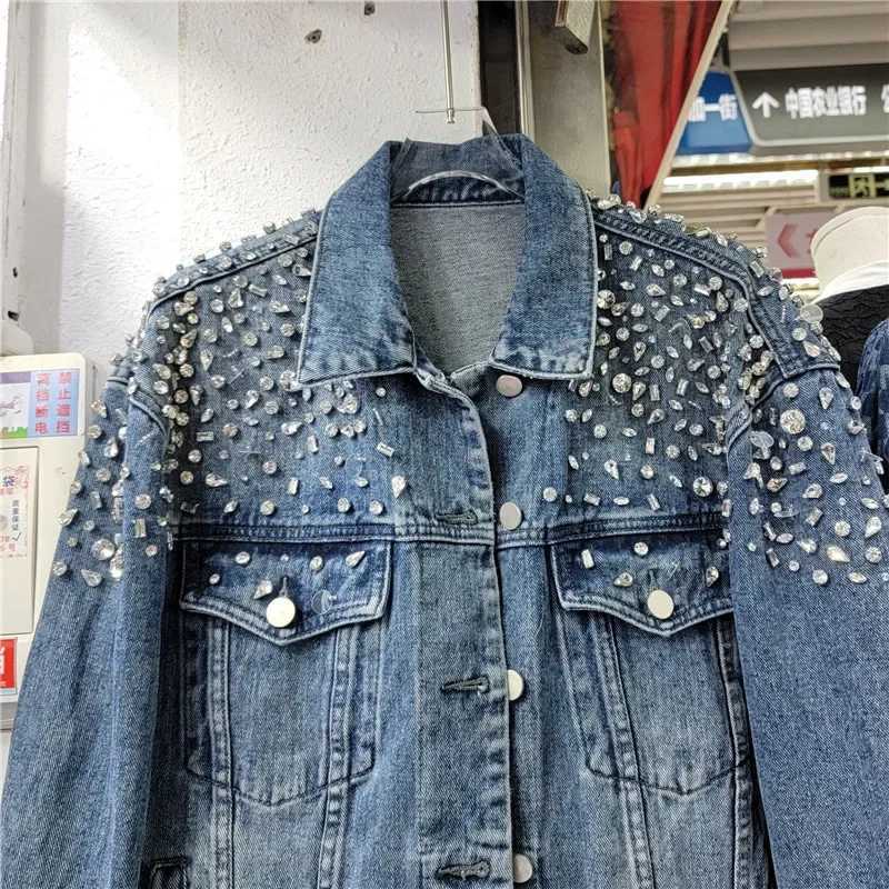 Retro Crystal Denim Coat Diamonds Beaded Jeans Bomber Jacket Cardigan Gemstones Cowboy Rhinestones Streetwear Tops ChaquetasX240920
