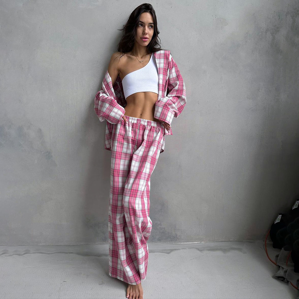 2024 autumn/winter plaid loose sleepwear, long sleeved pants, fashionable casual women's home wear for outerwear