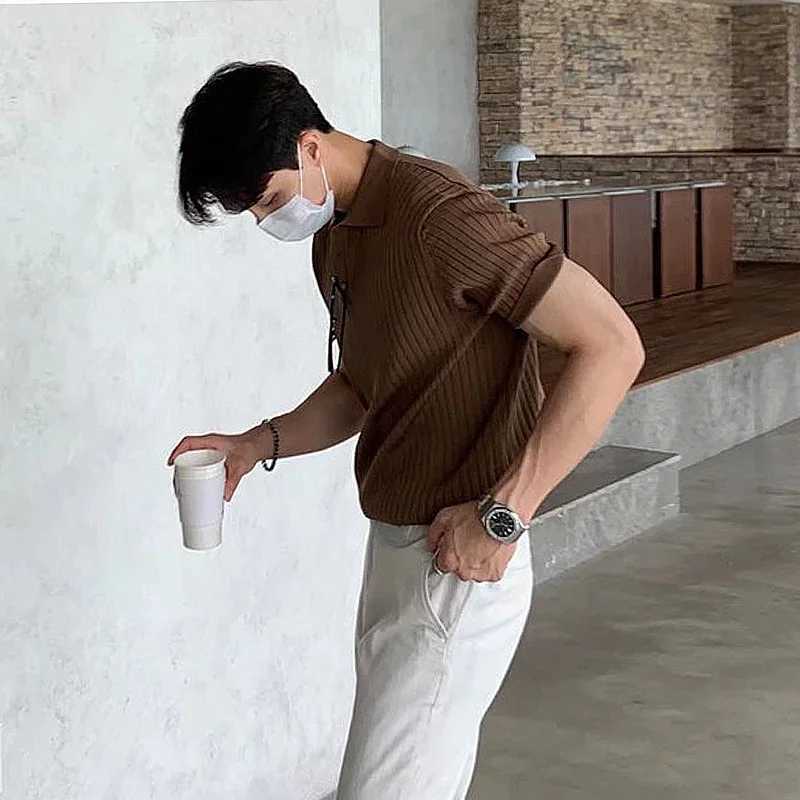 Summer Mens Retro Knitting Lapel Stripe POLO Shirt Solid Color Thin Cozy Short Sleeve T-ShirtX240920
