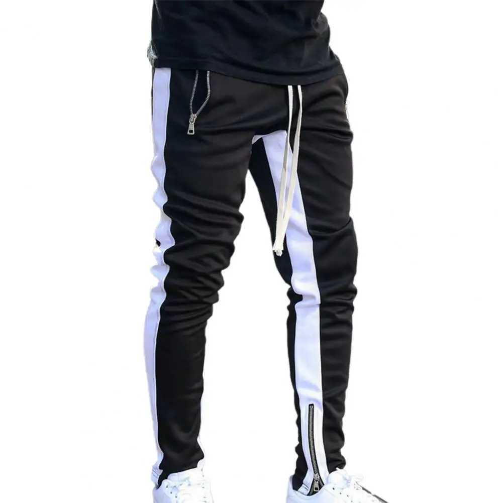 Mens sports jogging pants with zipper splicing work and leisure splicing pants fitness sole tight fitting sports pants W240919