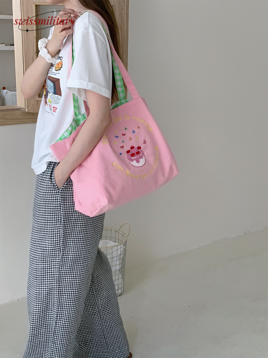 Large capacity Tote front and double-sided back stripe single shoulder with texture embroidery, college student canvas bag, female commuting bag #23 S