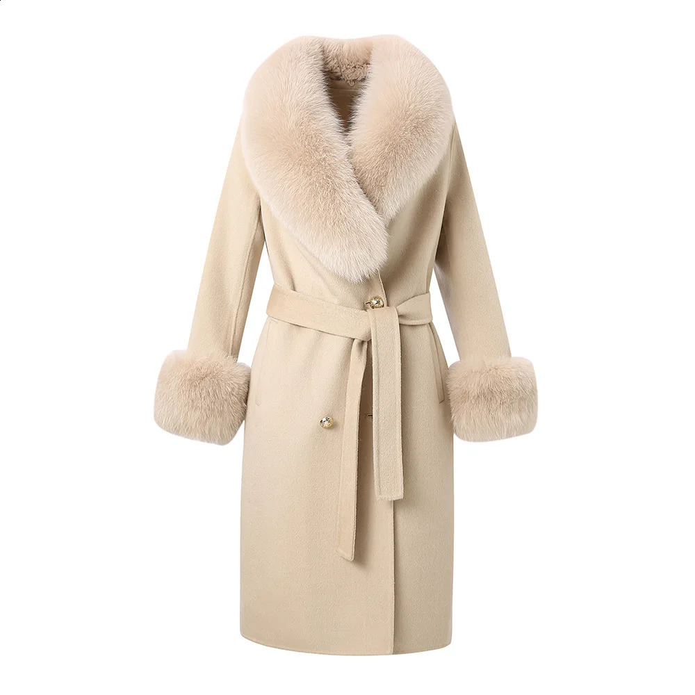 Arrival Lady Winter Wool Coats Fox Fur Collar Cuff Trench Coat Womens Long Outerwear QN3814 240911