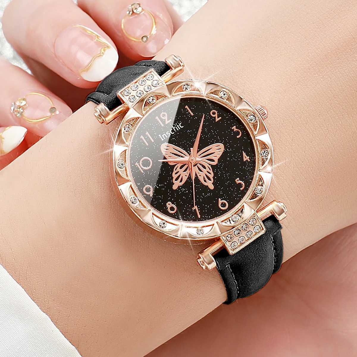 2PCs/Set Women Butterfly Dial Watch Black Pink Color Leather Strap Quartz WatchX240920