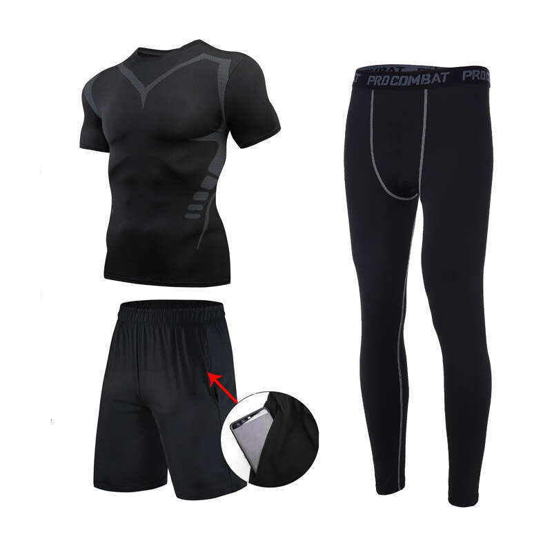 Quick Drying Sports Suit Men's Summer Short Sleeved T-Shirt Fitness Suit Running Equipment Tight Fitting Suit Training Three Piece Set Basketball