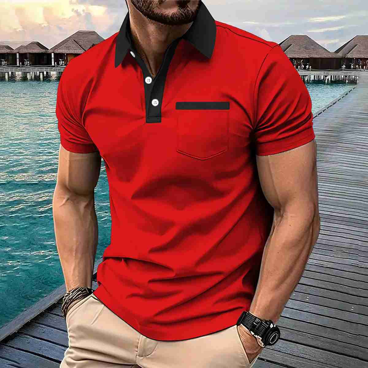 Mens casual outdoor polo mens button polo mens digital printed poloXJ240920
