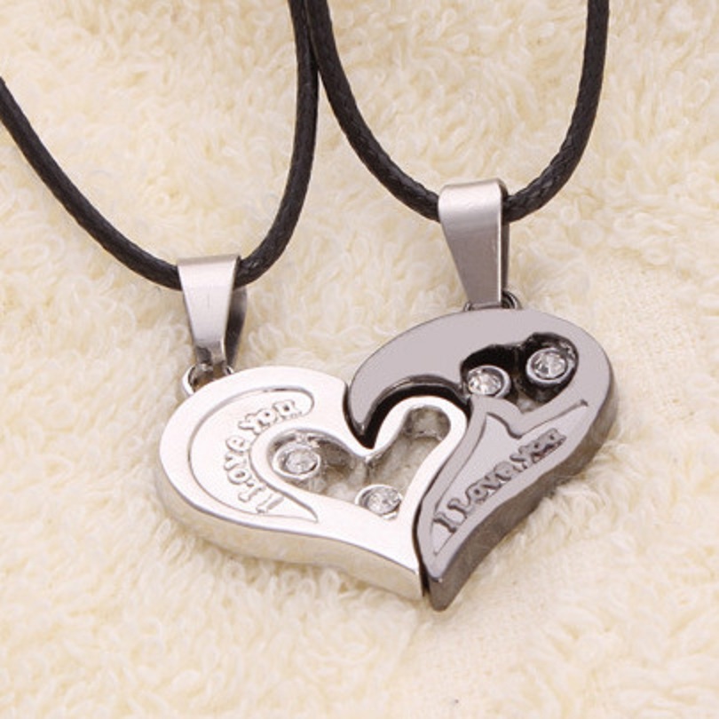 Fashion Heart Pendent Necklaces 18K Silver Plated I Love You 2 in 1 Crystal Couple Lovers Necklace Leather Chain Distance Relastionship Necklaces for 