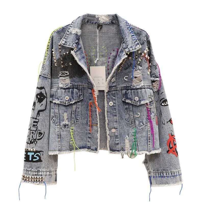 2024 Spring Autumn New Women Street Fashion Graffiti Denim Jacket Female Personality Short Raw Cut Rivet Jacket Fringe Jean CoatX240920
