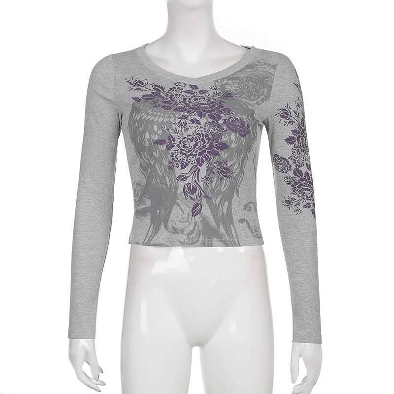 Womens Streetwear Long Sleeve T-shirt Vintage Feather Wing Flower Printed Round Neck Tops Spring Autumn Slim Fit Basic Tops M240920