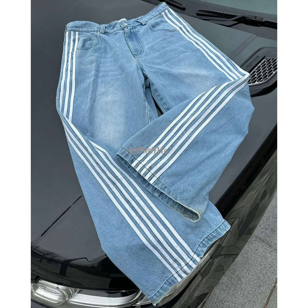 Distressed Striped Loose Blue Jeans 2024 Korean Version Y2k High Waist Fashion Casual Straight Pants Classic Simple Trousers