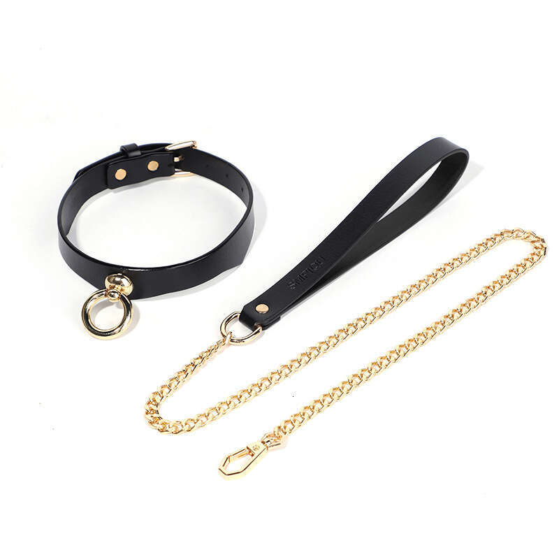 High end SM prop, shiny gold ring, fun collar, retro leather traction neck cover, alternative choker, adult product
