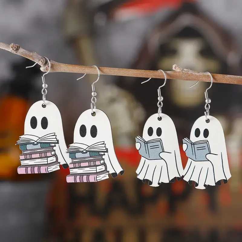 Charming Halloween Ghost Book Dangle Earrings - Vintage Wooden Gothic Style Stainless Steel Hooks Perfect For Parties Ever Y240919