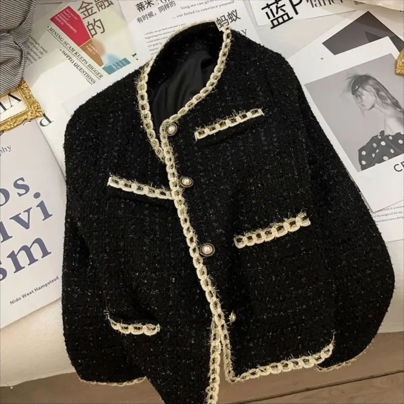 MEXZT Vintage Black Tweed Jacket Women Elegant Cropped Quilted Coat Korean Commute Blazer Winter Ladies Thicken Short Outerwear 240920