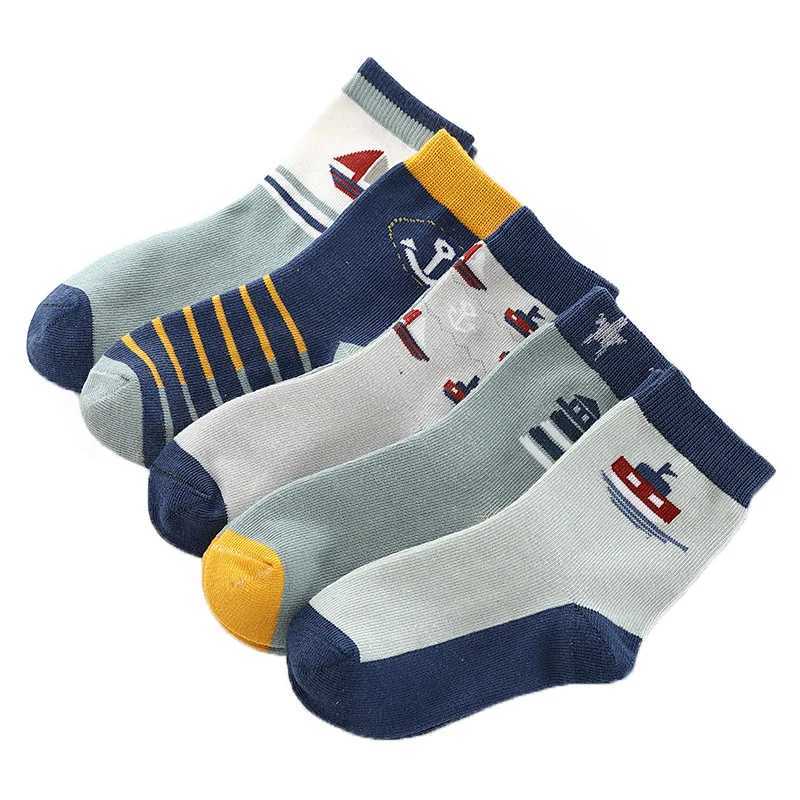 Kids Socks Children Wit Autumn And Winter New Kids Socks Cotton Cute Sailboat Pattern Boys Girls Socks 3-12 Year Student socks 5 Pairs Q240920