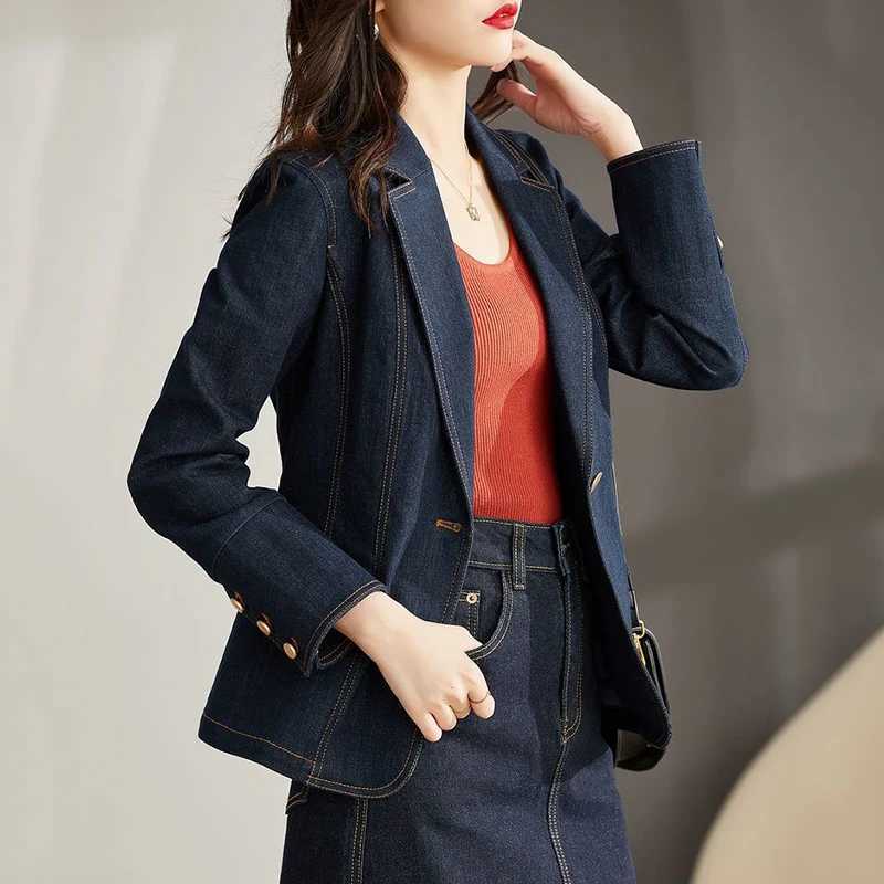 Spring Autumn Denim Blazer New 2024 Womens Long Sleeved One Button Short Jeans Jacket Ladies Slim Cowboy Coats Outerwear FemaleX240920