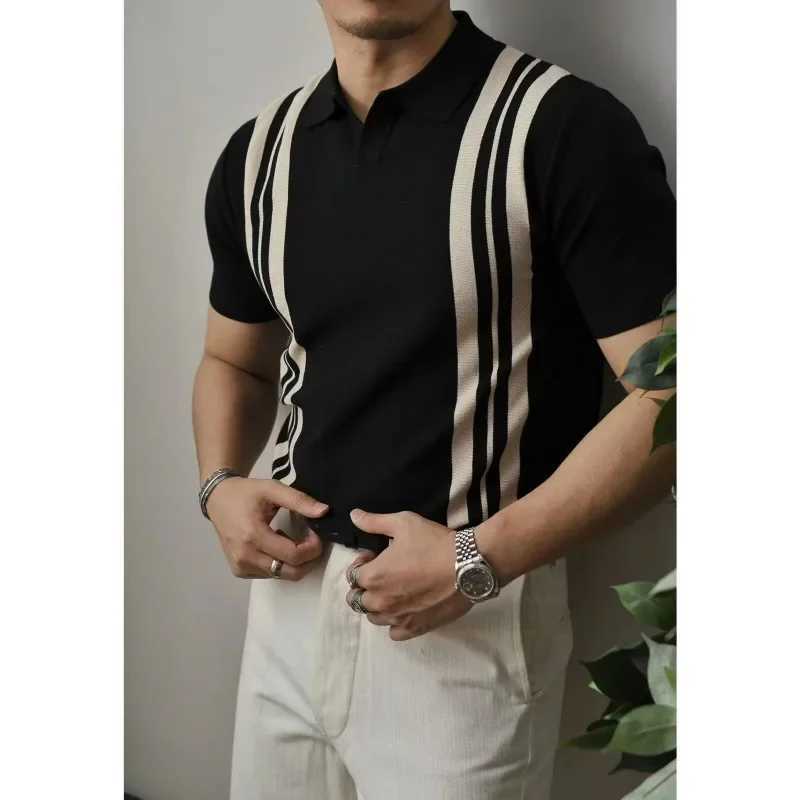 Mens Summer Polo Shirt American Style Vintage Casual T-shirt Knit Striped Color Block Short Sleeves Lifestyle ClothingX240920